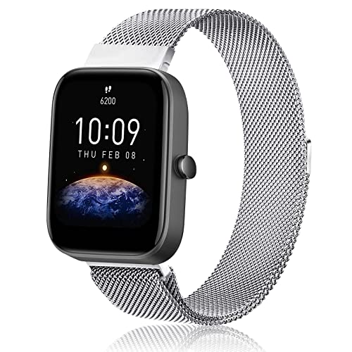 Amzpas Metal Bands for Amazfit Bip U Pro/ Bip U/ Bip 3 Pro/ Bip 3/ Bip S / Bip S Lite/ Bip Lite, 20mm Adjustable Stainless Steel Replacement Strap with Magnetic Buckle, Breathable Quick-Release Wristband for Women Men