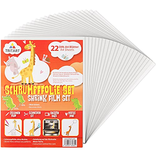 Tritart - Schrumpffolie I 22 Schrumpffolien I Schrumpffolie zum Basteln für Kinder & Erwachsene I Schrumpffolie bedruckbar I Schrumpffolie transparent I Schrumpffolie basteln I DIN A4 Cover