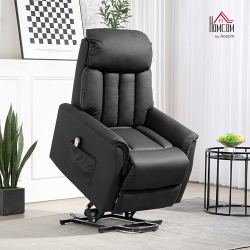 HOMCOM Relaxsessel Elektrisch Fernsehsessel mit Aufstehhilfe, Liegefunktion, TV Sessel mit Fußteil, Seitentasche, Fernbedienung, für Wohnzimmer, bis 150 kg, Kunstleder, Schwarz – Bild 3