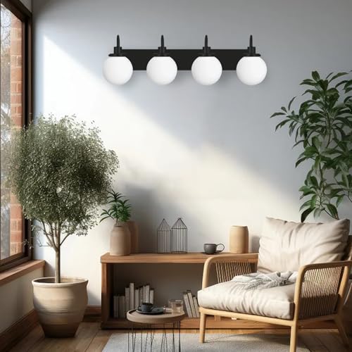 Image of Yaohong Bathroom Light Fixtures Over Mirror, 4-Light Matte Black Vanity Light with Milk White Globe Glass Shade, Mid Century Modern Vanity Lighting Fixtures