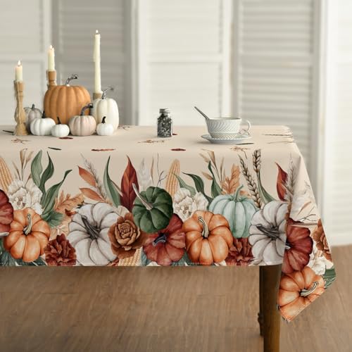 Horaldaily Fall Tablecloth 60×84 Inch Rectangular, Flower Autumn Harvest Pumpkin Washable Seasonal Table Cover for Party Picnic Dinner Decor