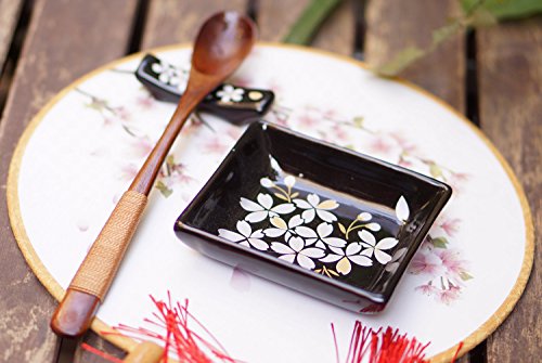 Cinf Ceramic Japanese Cherry Blossom Salad Sauce Rectangular Sushi Dish Set Of 4 Plates Black Snack Bowls Appetizer Seasoning Serving For Kitchen Home #TOP6