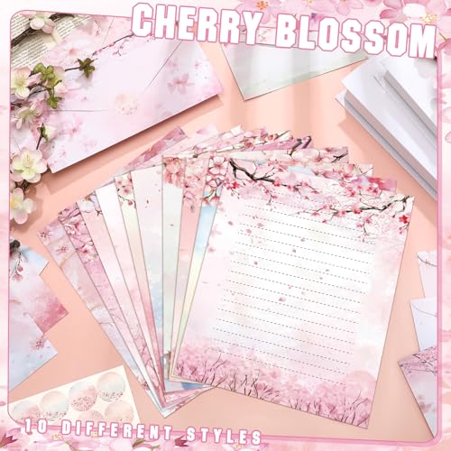Image of TaoBary 160 Pcs Cherry Blossom Stationery Paper and Envelopes Set 50 Double Sided Lined Stationery Paper with 50 Matching Envelopes and 60 Round Dot Sticker 8.5 x 11'' Letter Writing Kit, 10design