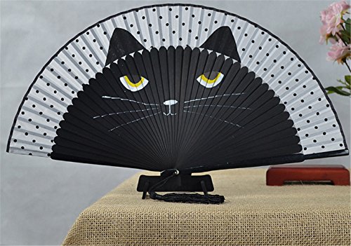 Women Cartoon Cat Folding Silk Fan Jepanese Girls' Handheld Fan (Black) #TOP1