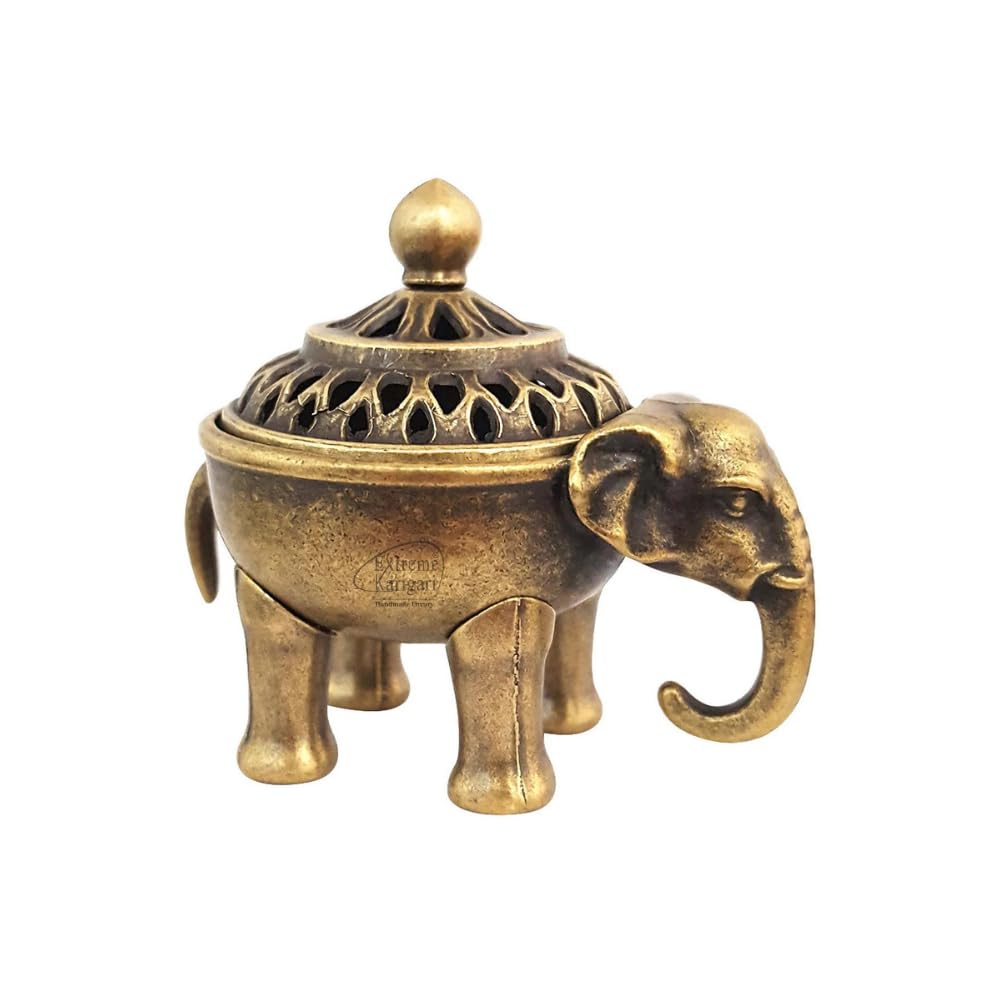 Extreme Karigari Elephant Loban Holder with Lid | Mini Dhoop Batti Sambrani Burner | Decorative Metal Incense Burner for Home Temple, Meditation & Aromatherapy | Brass Antique
