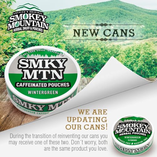 Smokey Mountain Caffeinated Pouches - Wintergreen - Tobacco Free and Nicotine Free - 10 Can Box - 15 Pouches Per Can