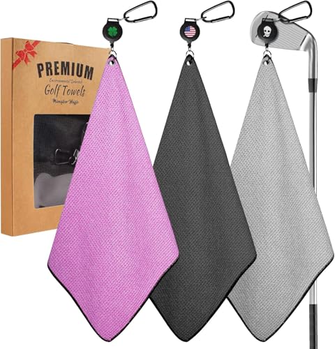 FINGER TEN Golf Towels for Golf Bags Value 2/3 Pack with Strong Magnetic Retractable Carabiner, 15.7''x15.7'' Microfiber Waffle Pattern Cleaner, Absorbent Set for Men Women (Gray&Black&Purple-3 Pack)