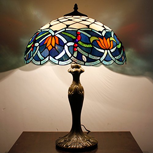 WERFACTORY Tiffany Table Lamp Stained Glass Style Bedside Lamp Blue Lotus 16X16X24 Inches Desk Reading Light Metal Base — view 7