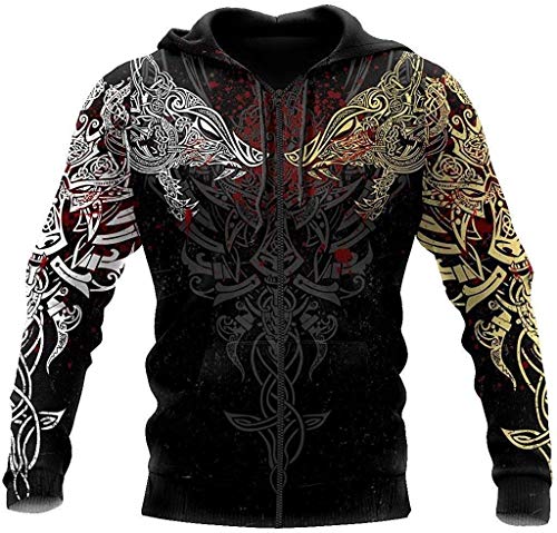 Vintage Odin Tattoo 3D stampato con cappuccio Viking, Mythology Nordic PULLOVER WOLFO PULLOVER, Fashion Neutral manica lunga Street Harajuku Giacca Felpa Harajuku(Hoodie Zip,L)