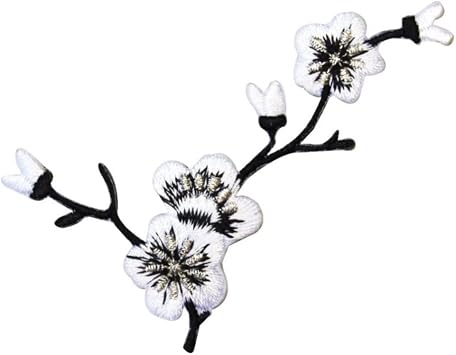 ID 6823 White Cherry Blossom Branch Patch Flowers Embroidered Iron On Applique