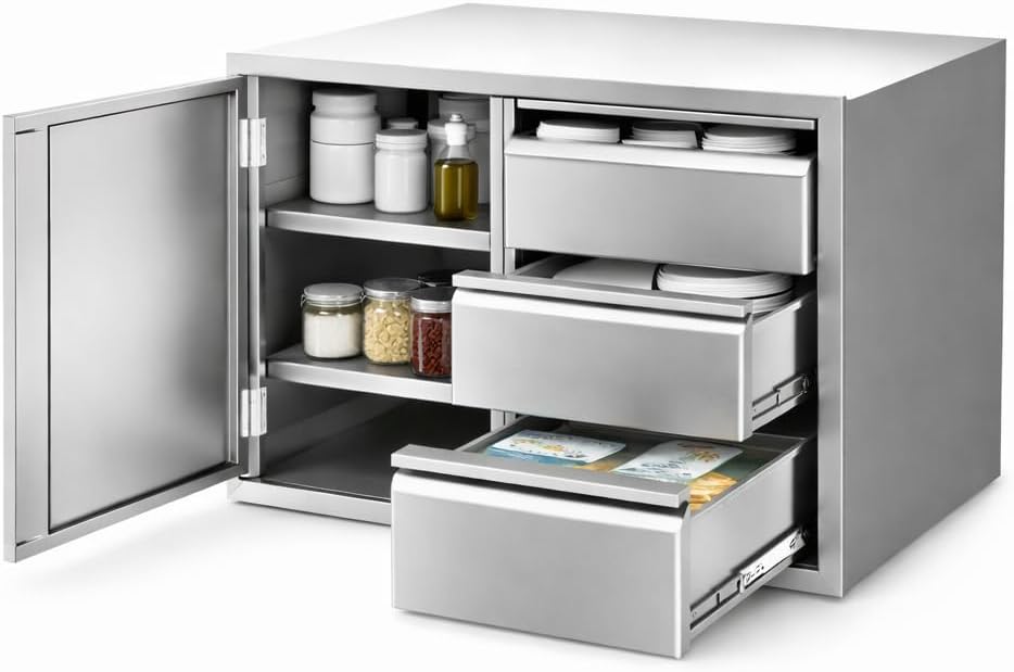 28" W x 22" H x 19.1" D Outdoor Kitchen Cabinets, Left Access Door & Triple Drawers, Heavy-Duty Stainless Steel Cabinet, Multifunctional Outdoor Kitchen Drawers for Grill Island