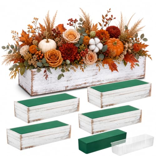 Dandat 5 Set Wood Boxes for Centerpieces 12x4 Inch Rectangle Wooden Planter Box Rustic Wooden Planters with Removable Plastic Liner Floral Foam Blocks for Christmas Wedding Home Garden Decor(White)