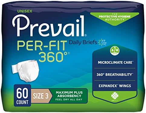Prevail Per-Fit 360 Incontinence Briefs, Maximum Plus Absorbency, Size Three, 60 Count