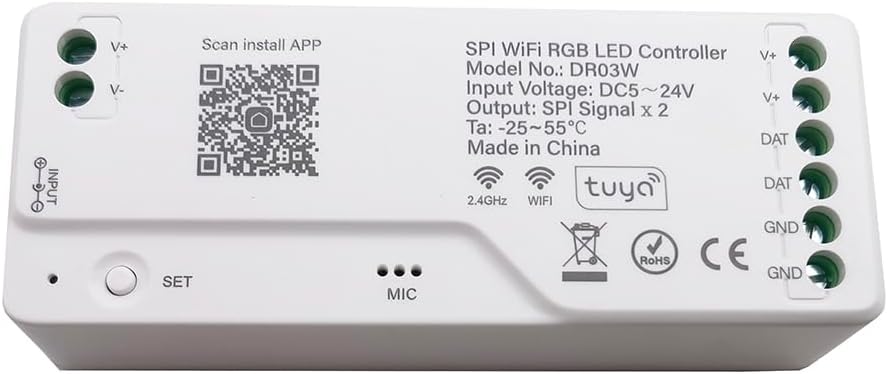 Top view of Vrabocry DR03W LED Controller showing input/output terminals, SET button, MIC, and QR code