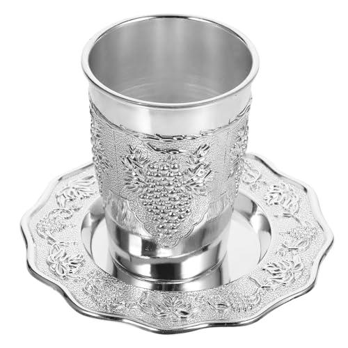 VALICLUD Coupe de Kiddouch en Métal Plaqué Argenté avec Soucoupe, Set 1 Pièce, pour Shabbat et Pessah, Accessoire Vin Judaïque, Cérémonie Religieuse et Fête Familiale