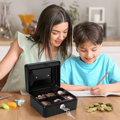Image of Small Cash Box with Money Tray and Lock, Metal Cash Lock Box with Key, Petty Cash Box for Money 5.9 x 4.7 x 3.1 Inches Black