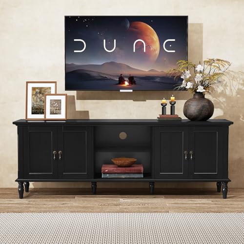 For Tvs Up To 75 Inch, Wood Entertainment Center With Storage, Tv Console With Door Cabinets And Open Shelves, Television Media Stands For Living Room, Bedroom Black