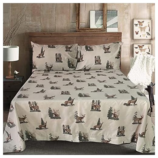 Blue Ridge Home Fashions Whitetail Dreams Rustic King Sheet Sets, 4-Piece Bedding Sheets, Cotton Fabric,1 Fitted Sheet,1 Flat Sheet & 2 Standard Pillowcases (King)