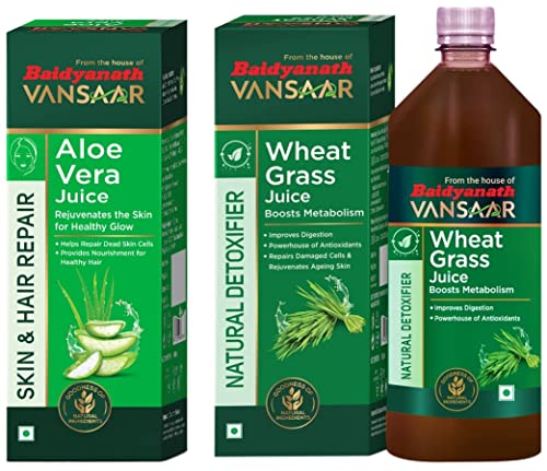 Image of Vansaar Aloe Vera Juice (1Ltr) + Vansaar Wheatgrass Juice (500 ml) Combo|Promotes Glowing Skin |Nourishes Scalp & Strengthens Hair |Natural Digestive Detoxifier