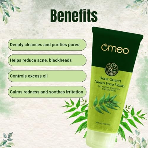 Image of Omeo Acne Guard Neem Face Wash 100ml Controls Pimple, Acne, Oil & Blackhead | With Neem, Green Tea, Willow Bark & Salicylic Acid | All Skin Types, Recommended by Dermatologist - Men & Women