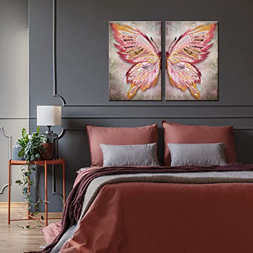 Sechars Butterfly Canvas Wall Art Pink And Golden Paintings Vintage Insect Animal Poster Pictures Art Prints 16"X24"X2Pcs #TOP2
