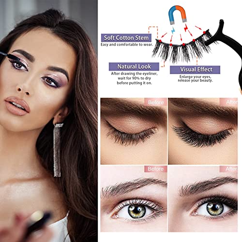 Image of Batfield 3 Pairs of False Eyelashes Magnetic with Eyeliner and Tweezer, 3D Natural Mixed Style magnetic Lashes, Reusable Magnetic Eyelashes for women(Style 2)