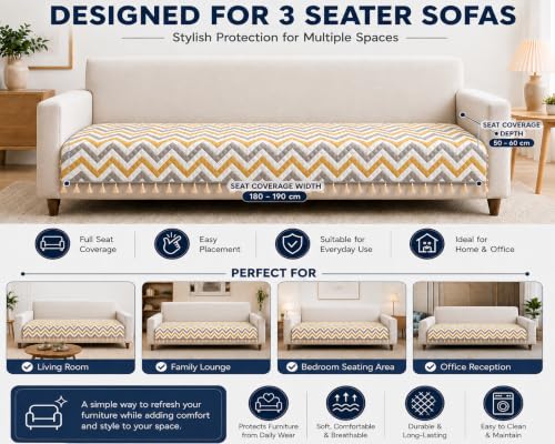 Image of Velvet Quilted Sofa Cover for 1 Seater (24 x 24 Inches) | Yellow Zigzag | Anti-Slip Soft Washable Sofa Seat Cover | Furniture Protector with Tassels
