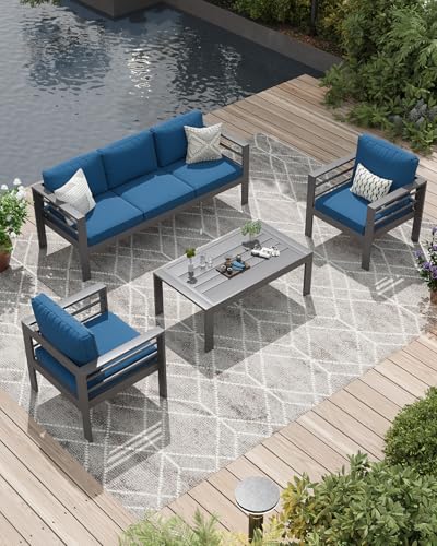 Image of AECOJOY Aluminum Patio Furniture Set, 5 Seats Modern Outdoor Furniture with Coffee Table, 4 Pieces Metal Conversation Sectional Sofa, Blue