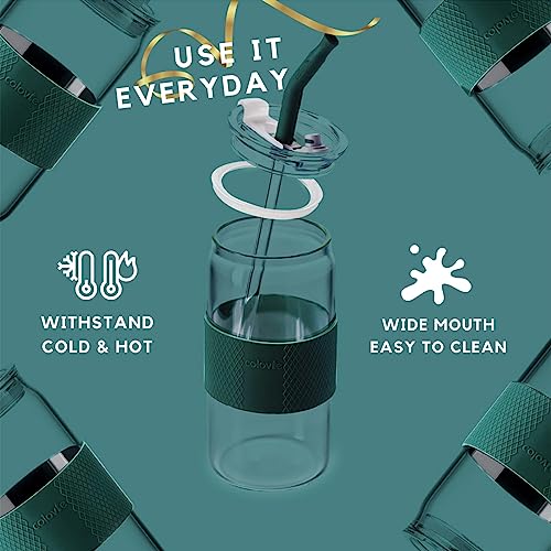 Colovie Glass Tumbler With 3 In 1 Lids And Glass Straws(Extra Silicone Tips), Silicone Protective Sleeve, Iced Coffee Cup, Travel Water Bottle, Soda Beer Can Shaped Cups,Hot Tea-Sequoia Green 16Oz 1Pc #TOP2