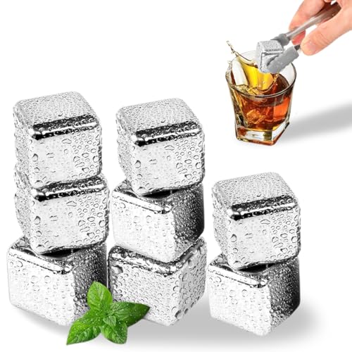 WUSJCOF 8 Piezas Cubitos Hielo Reutilizables,304 Acero Inoxidable Cubitos de Hielo y Pinzas,Calidad Alimentaria Piedra de Enfriamiento Rápida,Regalo Ideal para Amantes del Vino