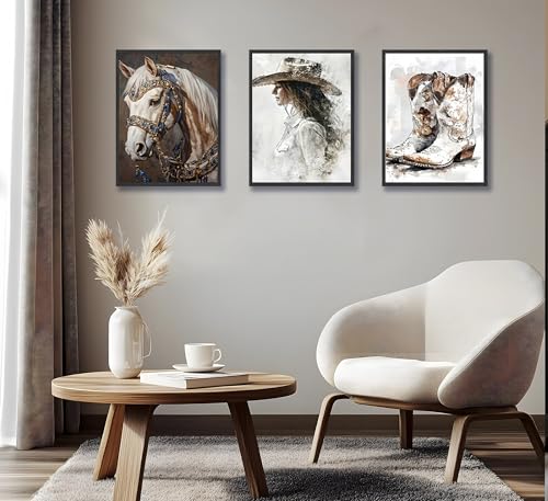 Image of 3pcs Western Vintage Cowgirl Canvas Prints Wall Art 12x16 inches Unframed | Cowboy,Horse,Boots Art Prints, Rustic Farmhouse Country Poster, Room Bedroom Dorm Decor