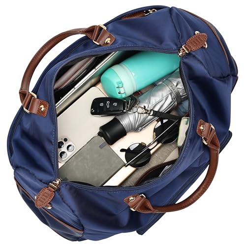 ELLE Luxe Journey 30L Twill and Vegan Leather Weekender Duffel Bag | Navy2