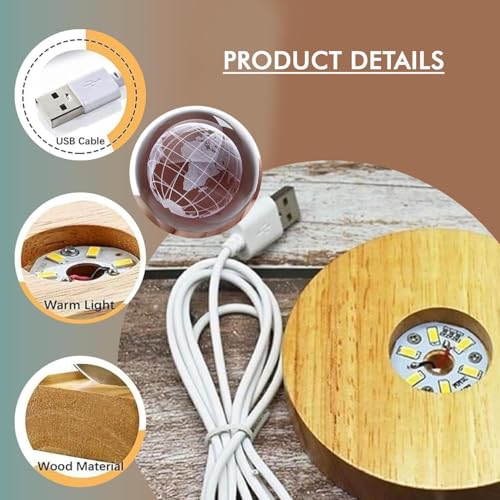 Image of 3D Globe Crystal Ball LED Night Lamp, Creative Engraved Night Light with Wooden Base, Warm White Decorative Table Lamp for Home, Bedroom, Kids Room, Gift (Globe)