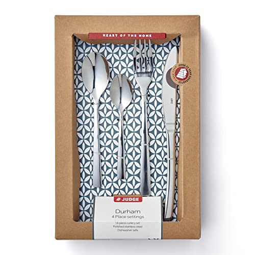 Judge Durham 16-Piece Stainless Steel Cutlery Set in Gift Box for 4 People, Dishwasher Safe, Silver, 16 piece