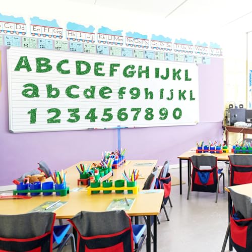 Image of Colarr 216 Pcs Glitter Bulletin Board Letters for Classroom Number Alphabet Punctuation Symbol Cutout 4'' Die-Cut Poster Letter with Adhesive Dot School Graduation Party Summer Decor Display(Green)