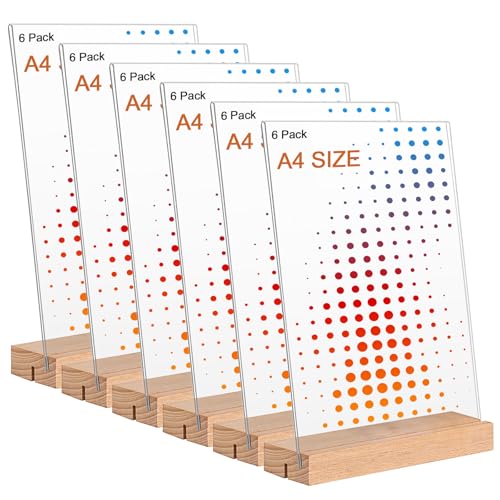 Whemyreat Espositore da tavolo con base in legno, formato A4, in acrilico, formato A4, formato A4 L, in acrilico, su entrambi i lati, per matrimoni, ufficio, caffè, ristorante