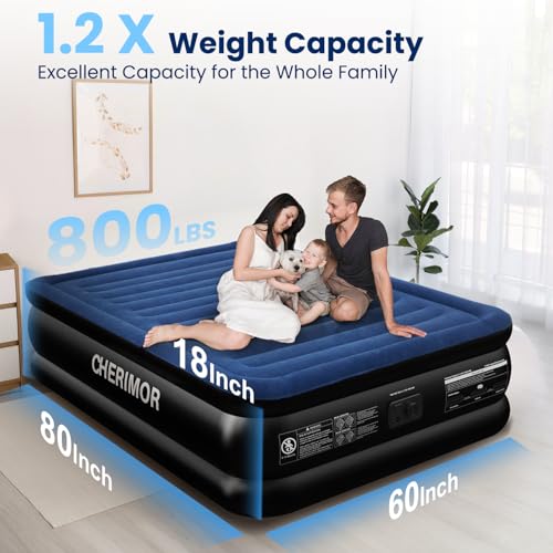 CHERIMOR Queen Air Mattress with Built in Pump, 18\" Raised Comfort, Multi-Layer Leakproof, Heavy-Duty Support Blow Up Mattress, 800lbs High Capacity, 3 Min Inflation for Home Camping Guests