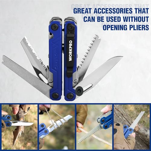 WORKPRO Multifunktionszange, 18 in 1 Multitool Werkzeug Faltbares Edelstahl Multifunktionswerkzeug mit Messer, Flaschenöffner, Schere, Gürtelclip für Camping Reparieren, Geschenk mit Tragtasche, Blau