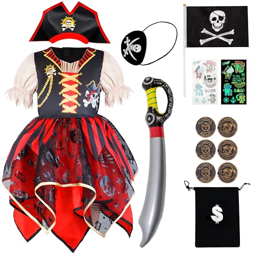 IKALI Disfraz de pirata para niñas, 8 piezas, disfraz de capitán del Caribe con sombrero, traje de bucanero para niños, para el Día Mundial del Libro, Halloween, 4 6 años