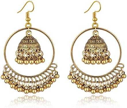 GAUEIOUR Indian Earrings,Seaside Holiday Souvenir Indian Ethnic Style Jewelry Earrings,Ethnic Style Exaggerated Retro Earring,Bell-Shaped Fringe Hmong Accessory (Gold)