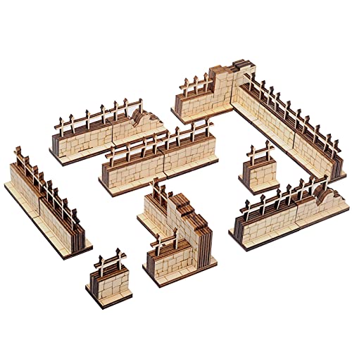 Brick and Iron Fences Miniature (Set of 16) Wood Laser Cut Modular Fantasy Terrain 28mm Scale Perfect for D&D, Dungeons & Dragons, Warhammer and Other Tabletop RPG