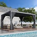 EROMMY Louvered Pergola 10' x 12', Outdoor Aluminum Pergola with Adjustable Rainproof Roof for Garden, Patio, Deck, Waterproof Curtains and Netting Included, Gray-Black