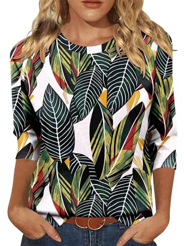 KISSMODA Tunic Tops for Women Loose Fit Dressy Round Neck Pleated 3/4 Length Sleeve Spring Tops