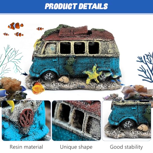 Image of Qpets Fish Tank Accessories, Aquarium Decorative Items, Vintage Resin Old Bus with Hiding Cave Engraving Seaweed and Starfish for Fish /Shrimp /Betta Fish (13x7.5x8CM)