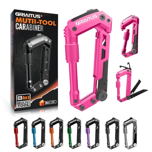 Image of Multitool Carabiner with Pocket Knives, EDC Carabiners, Folding Serrated Knife, Can Bottle Opener, Rope Cutter, Screwdriver, Keychain Knife for Camping Hiking, Gifts for Women /Men (Pink)