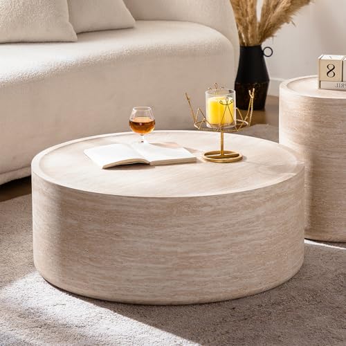 31.5'' Round Coffee Table, Modern Marble Faux Circle Drum Center Table Contemporary Minimalist Unique Stone Coffee Table for Living Room,Small Space,Office,No Assembly Required