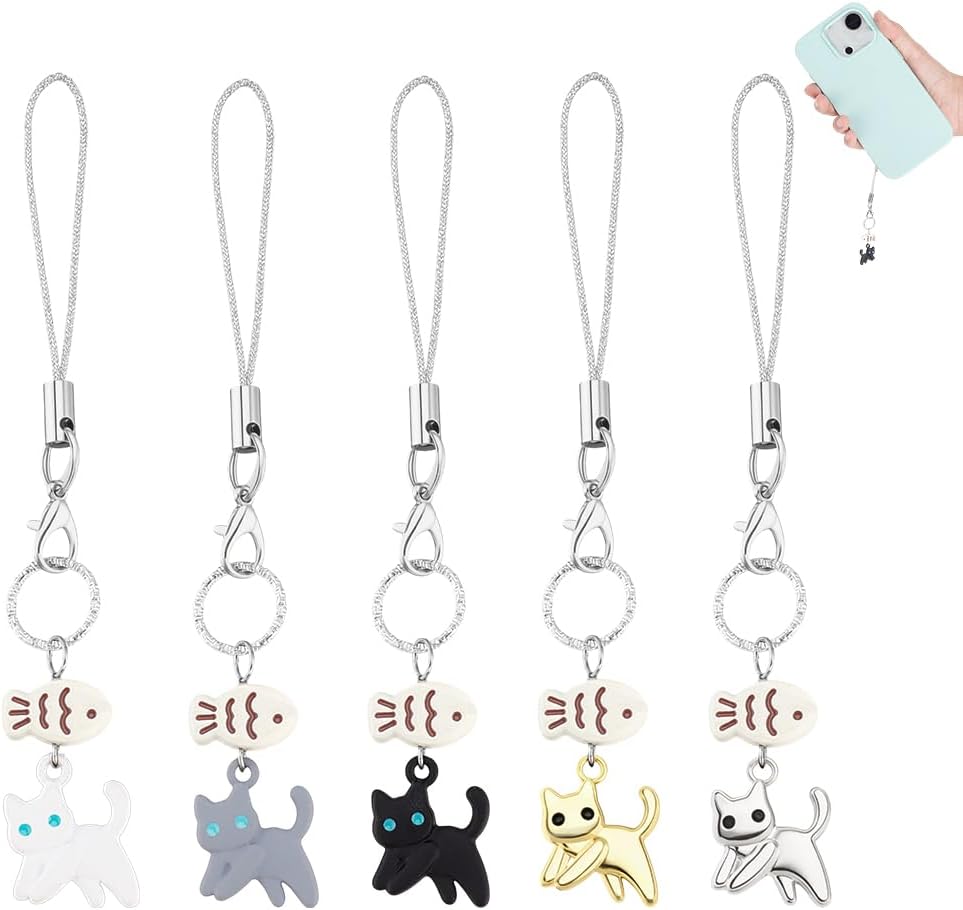 AHANDMAKER 5Pcs Cat Phone Charm Cute Keychain Accessories Kawaii Cat Fish Phone Bag Charms for Purse Wallet Backpack Valentines Day Easter Party Favors Decor 1.77inch (5 Colors)