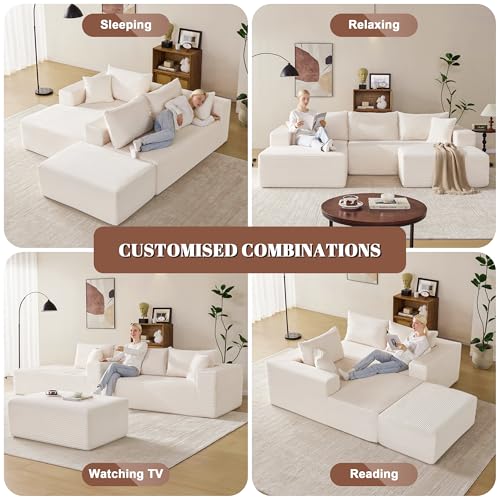 Image of Mangodan 110 inch Cloud Sectional Couch, Modular Sectional Sofa with Deep Seat, Boneless Sofa for Living Room, Fluffy Comfy U-Shaped Couch with Left Facing Chaise, No Assembly Required, Beige
