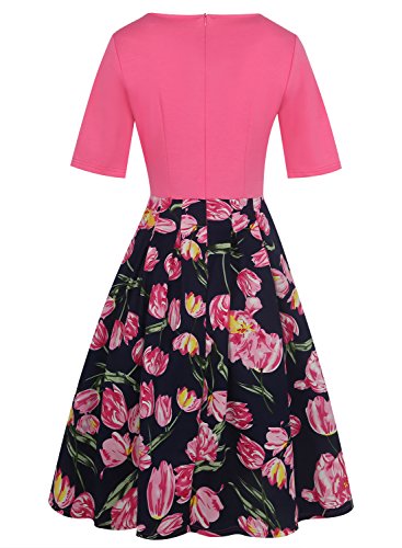oxiuly Women's Vintage Patchwork Pockets Puffy Swing Casual Party Dress OX165 (Rose Red, s) - Thumbnail 4