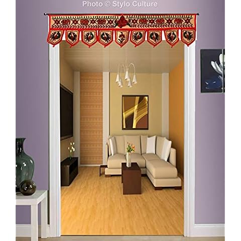 Stylo Culture Indian Cotton Window Valance Kids Room Cream Ethnic Embroidered Scarf Curtain Topper Home Decor Traditional Swag Curtain Door Hanging Toran | 36 x 10 Inches Cover